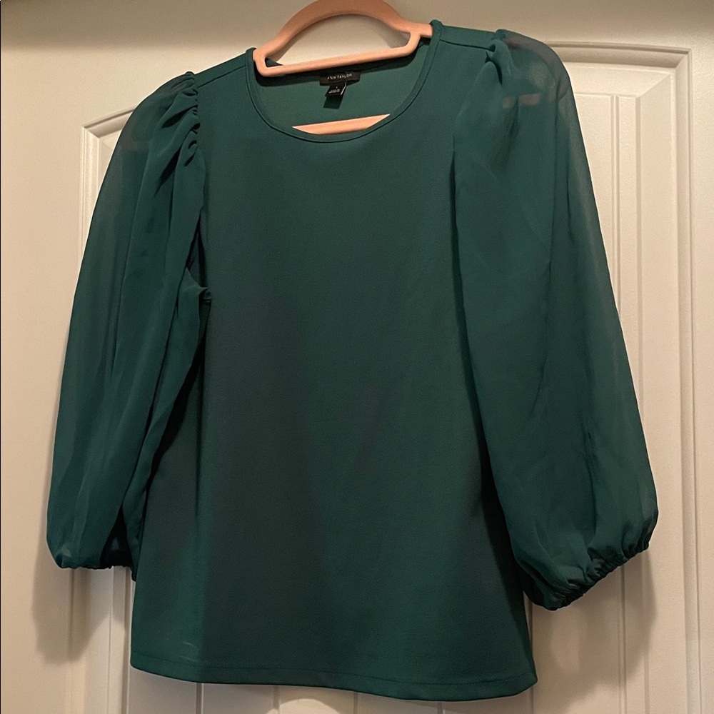 Ann Taylor Forest Green Blouse with Sheer Sleeves